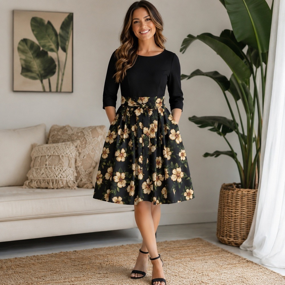 Vfshow Vfemag Black Floral Fit and Flare Midi Dress 3/4 Sleeve Plus Size 3XL